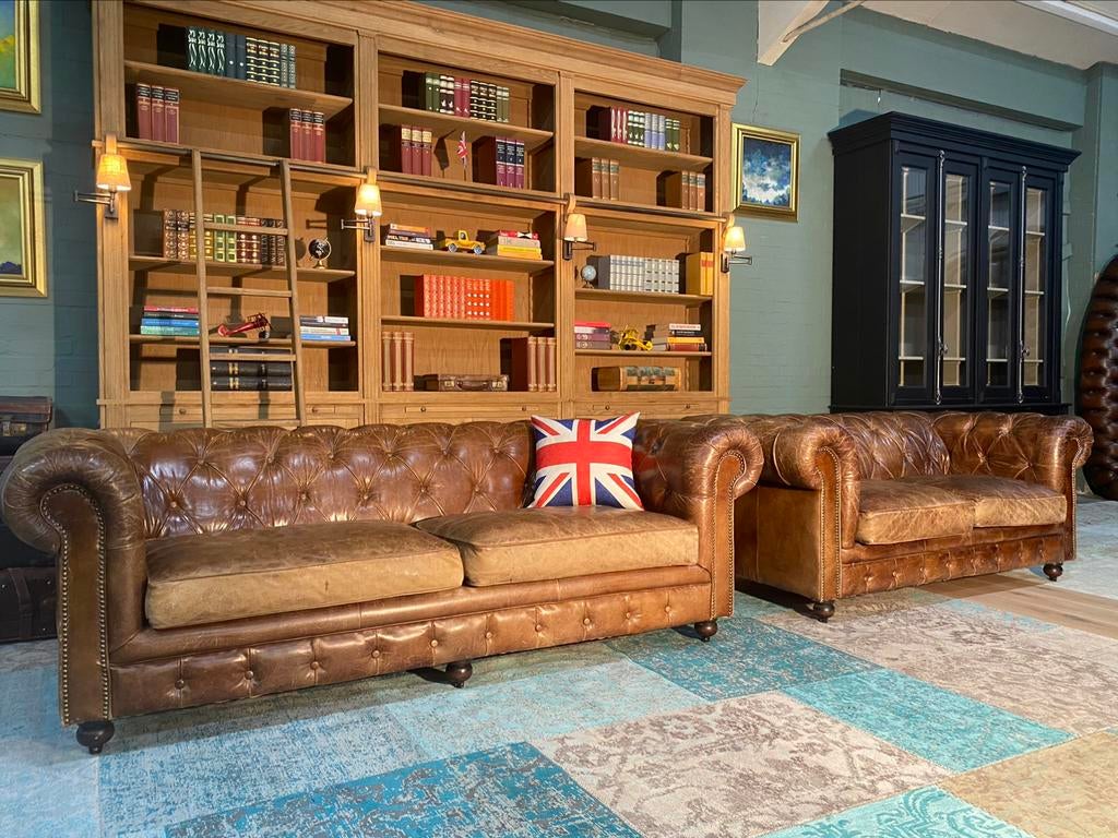 Chesterfield 3+2 zit bankstel vintage cognac GRATIS BEZORGD, Gebruikt, 125 cm of meer, Leer, Ophalen of Verzenden