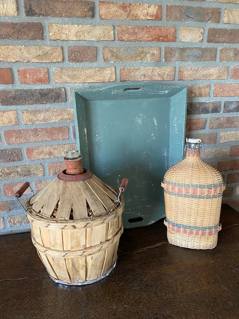 Brocante rieten veldfles/ gistfles met hout, Ophalen of Verzenden