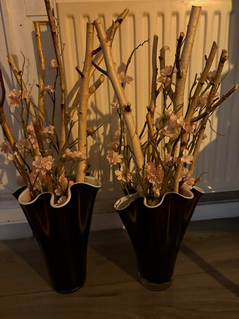 Set van 2 decoratieve vazen met takken en bloesem, Ophalen, Overige materialen, Zwart, Zo goed als nieuw