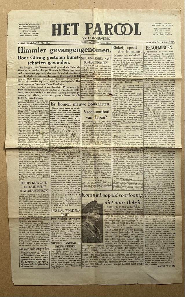 Het Parool - Amsterdam editie - 14 mei 1945, Ophalen of Verzenden, 1940 tot 1960, Nederland, Krant