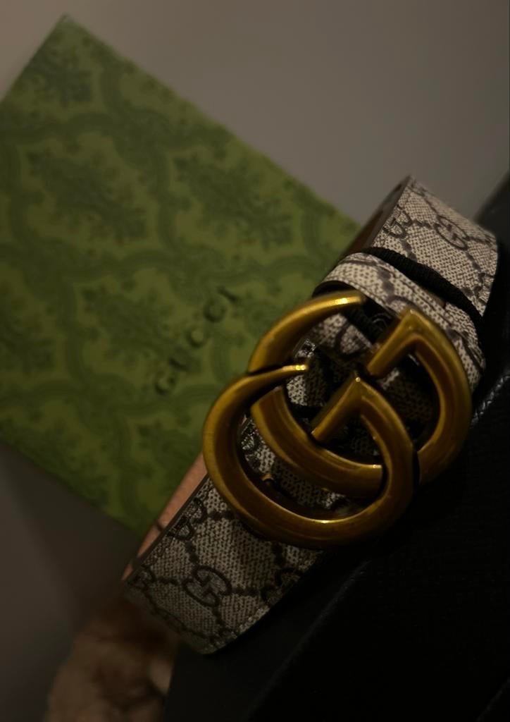 Gucci GG Supreme riem met dubbele G-gesp, Echt leder, 90 tot 100 cm, Heupriem, Ophalen of Verzenden