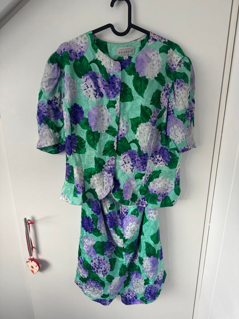 Adrianna Papell Vintage Zijden 2-delig Pak Bloemenprint, Kleding | Dames, Kostuum of Pak, Maat 42/44 (L), Ophalen of Verzenden