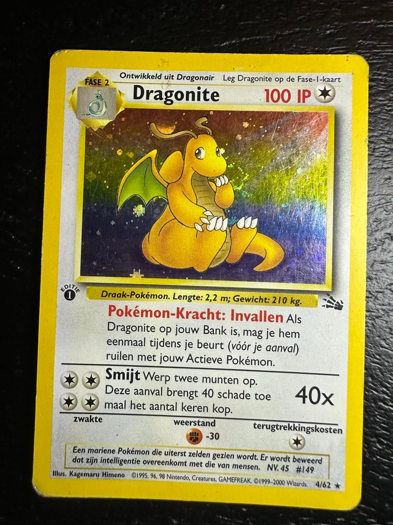 Dragonite Holo 1st Edition Nederlands Fossil Pokémon Kaart, Ophalen of Verzenden, Gebruikt, Losse kaart, Foil
