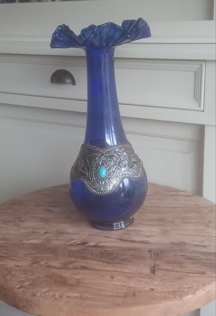 Grote kobalt blauwe Marokkaanse glas vaas schulprand, Ophalen of Verzenden