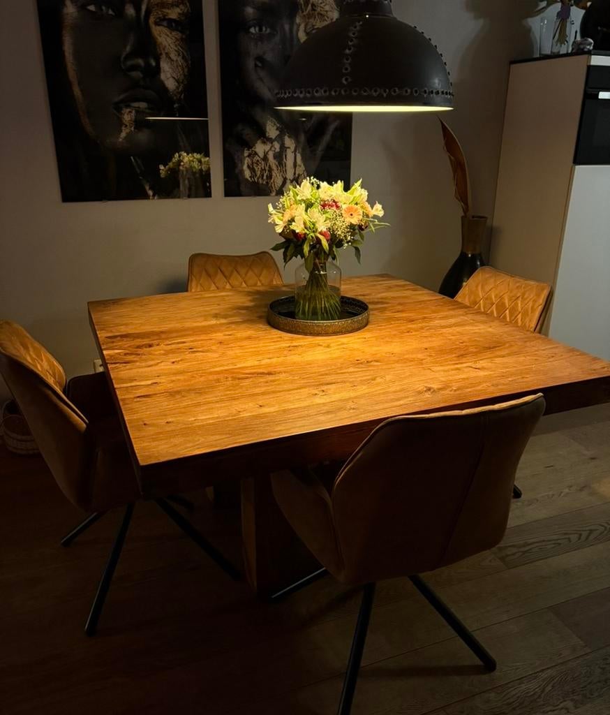 Vierkante teak houten eettafel, Ophalen, Gebruikt, Vijf personen of meer, 100 tot 150 cm