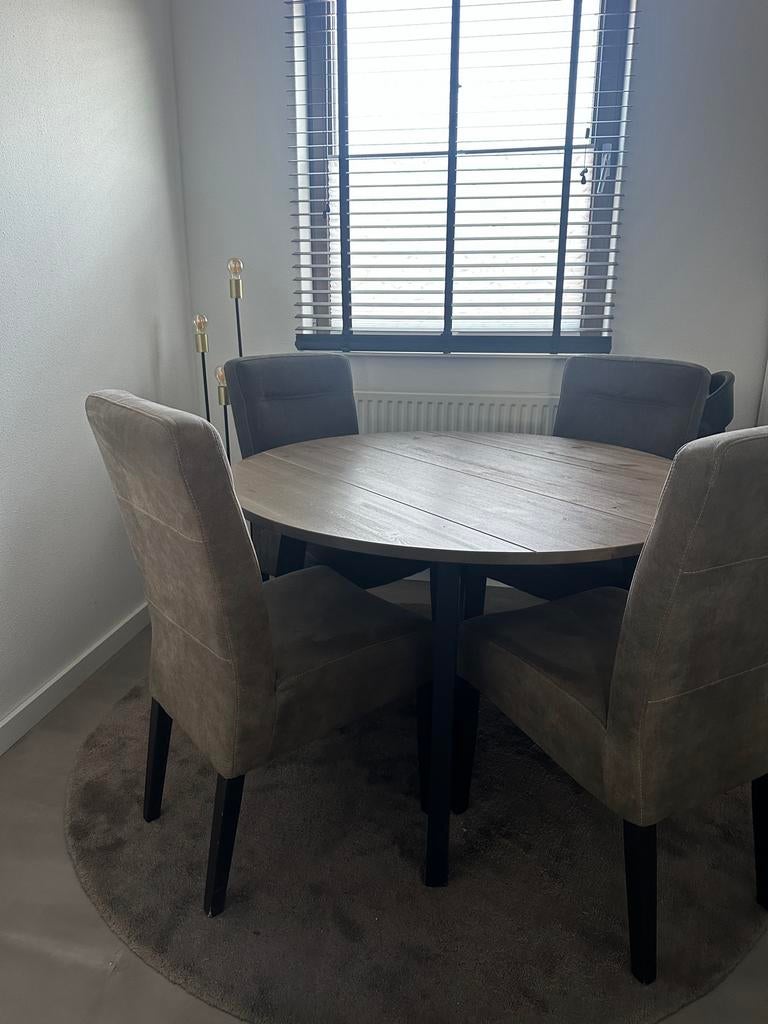 Eethoek met ronde tafel 74xØ120 cm en 4 stoelen, Ophalen, Gebruikt, 4 tot 6 stoelen