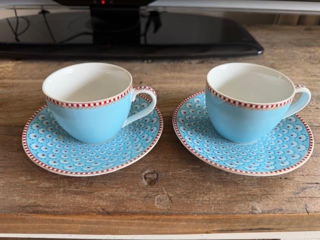 Pip 2 x espresso kopjes met schotels lichtblauw, Ophalen, Zo goed als nieuw, Overige stijlen, Kop(pen) en/of Schotel(s)