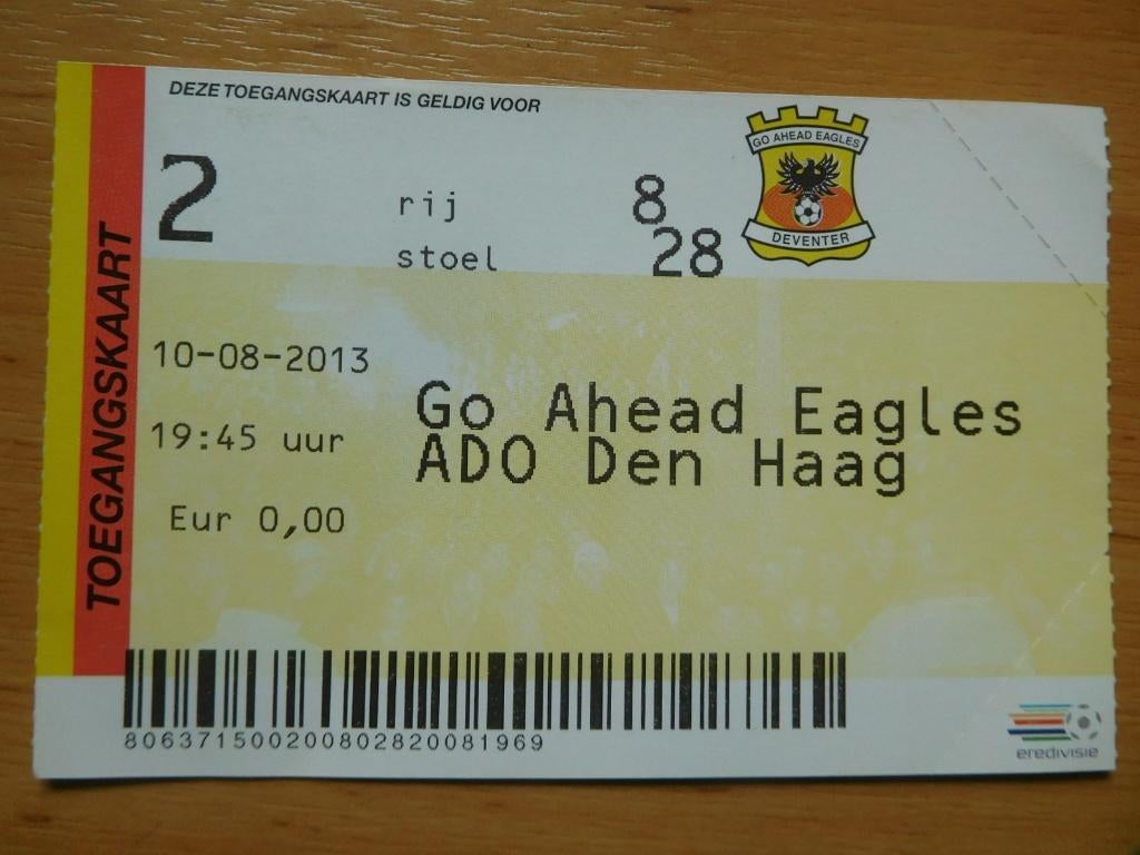 voetbal ticket Go Ahead Eagles - ADO Den Haag 10-08-2013, Ophalen of Verzenden, Gebruikt, Buitenlandse clubs, Overige typen