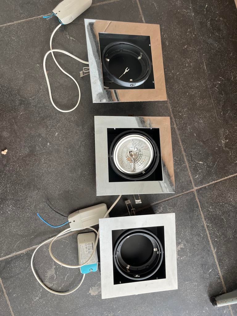 2x Gebruikte spots met Osram HALOTRONIC transformers, Halogeen, Gebruikt, Metaal of Aluminium, Ophalen of Verzenden