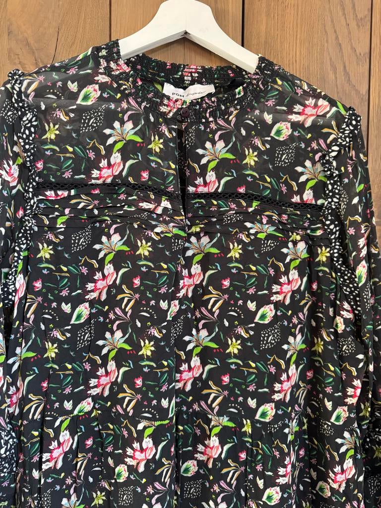 POM Amsterdam jurk met bloemenprint en ruffle details, Zwart, Maat 42/44 (L), Nieuw, Ophalen of Verzenden