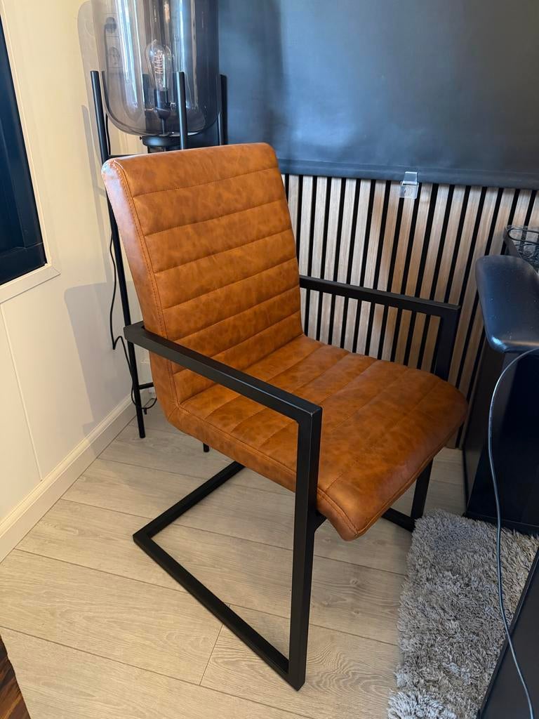 Cognac Industriële Eethoekstoel met Armleuningen, Ophalen, Bruin, Leer, Zo goed als nieuw