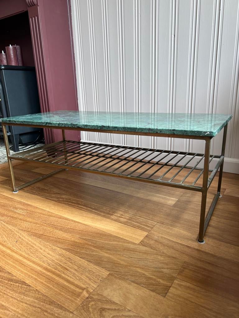 Salontafel Livingfurn goud met groen marmer, Gebruikt, Metaal, Minder dan 50 cm, Rechthoekig