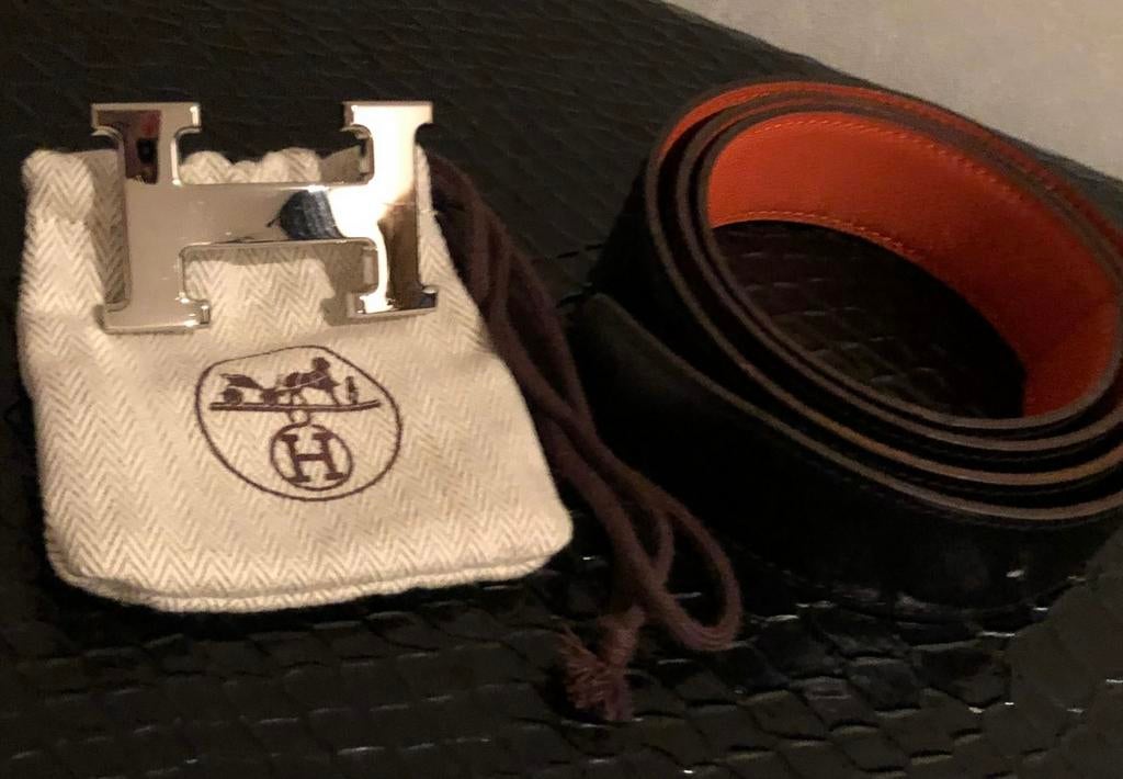100% Originele • HERMÈS • H Buckle • Oranje/Zwarte riem - 95, Kleding | Heren, Riemen en Ceinturen, Ophalen of Verzenden, Zwart
