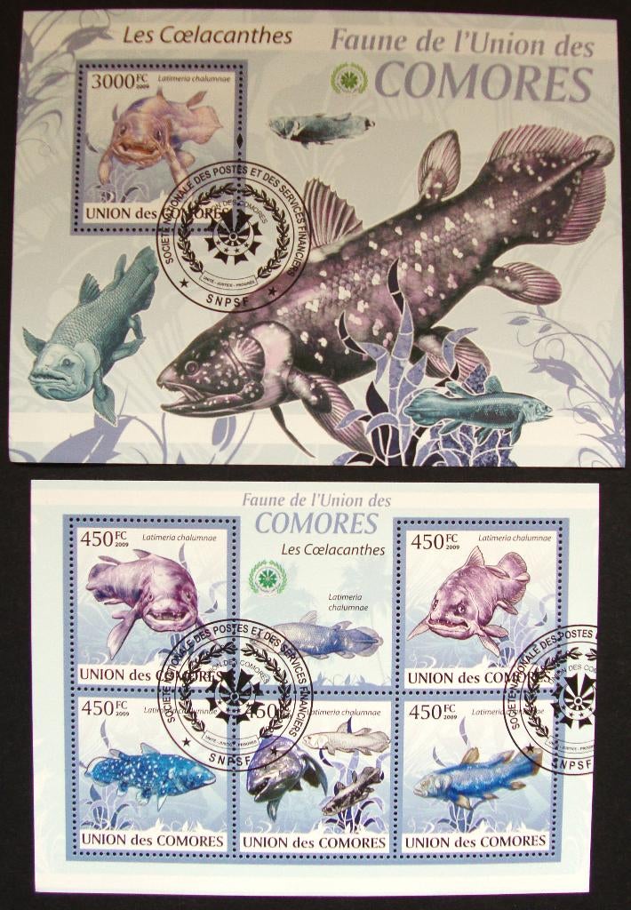 - 753 - 2 Blokken met Coelacant- achtige Vissen., Verzenden, Gestempeld, Dier of Natuur