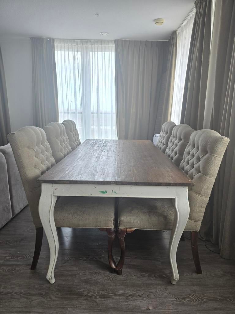 Houten eettafel met 6 eettafelstoelen, Ophalen, Gebruikt, 200 cm of meer, 50 tot 100 cm