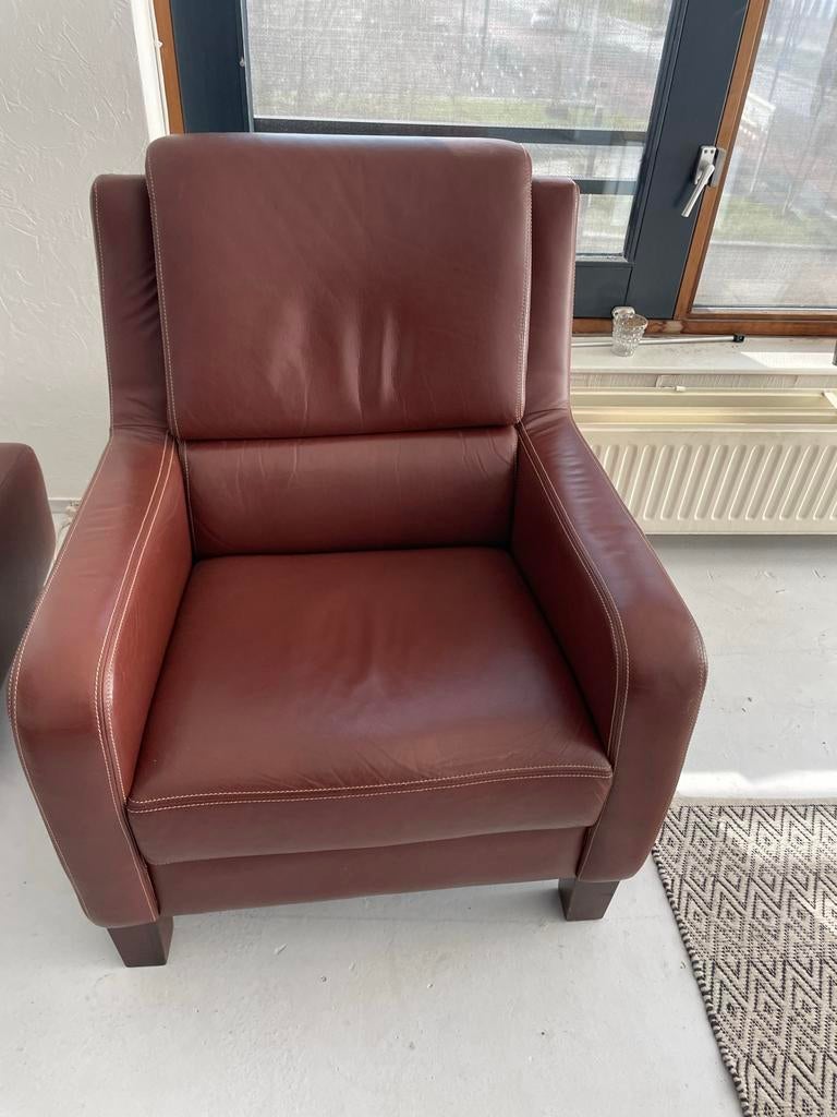 Leren fauteuil met poef - z.g.a.n., Ophalen of Verzenden, Zo goed als nieuw, Leer, 75 tot 100 cm