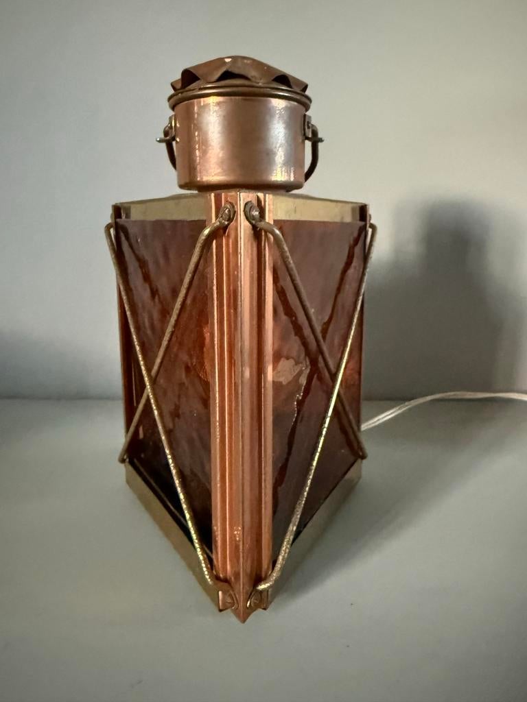Koperen Scheepslamp met Rood Glas - 230V, Antiek en Kunst, Ophalen of Verzenden