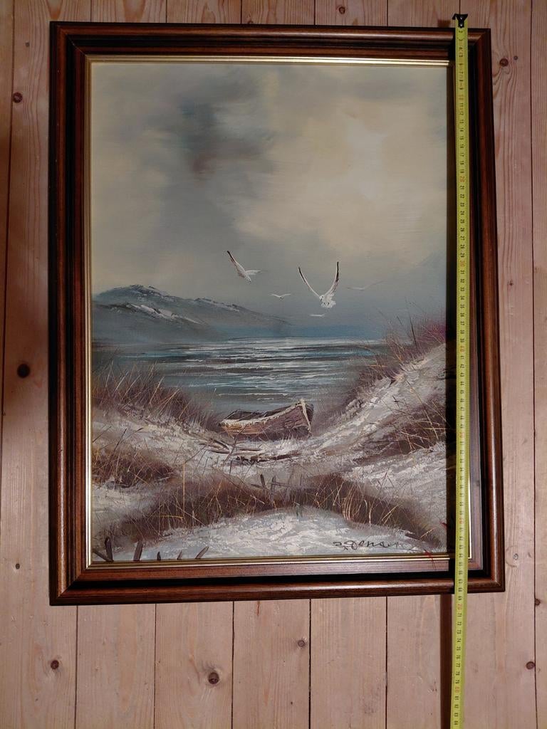 Schilderij: Zeezicht met Duinen en Meeuwen, Antiek en Kunst, Kunst | Schilderijen | Klassiek, Ophalen of Verzenden