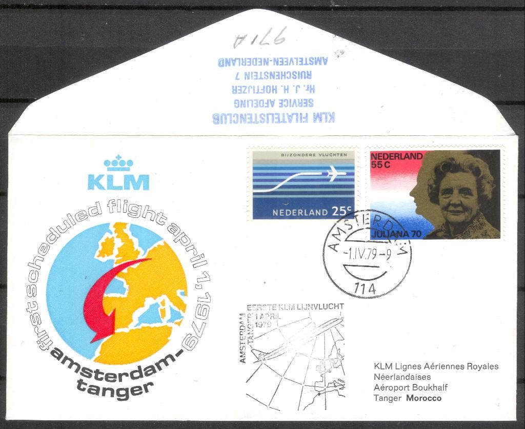 1e KLM vlucht Tanger Marokko 1979, Postzegels en Munten, Brieven en Enveloppen | Nederland, Verzenden, Envelop