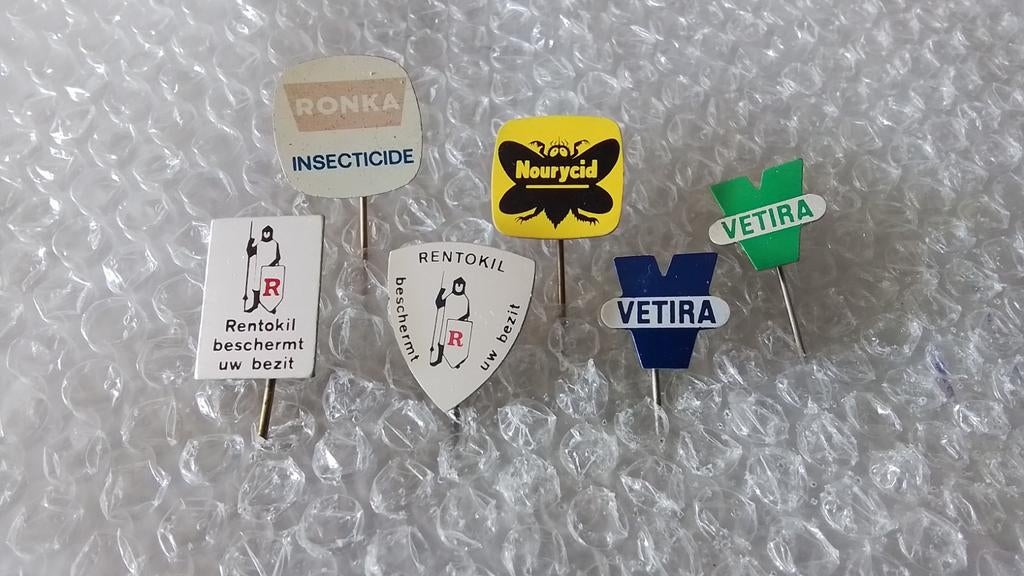 6 verschillende speldjes bestrijdingsmiddelen, Ophalen of Verzenden, Zo goed als nieuw, Overige onderwerpen