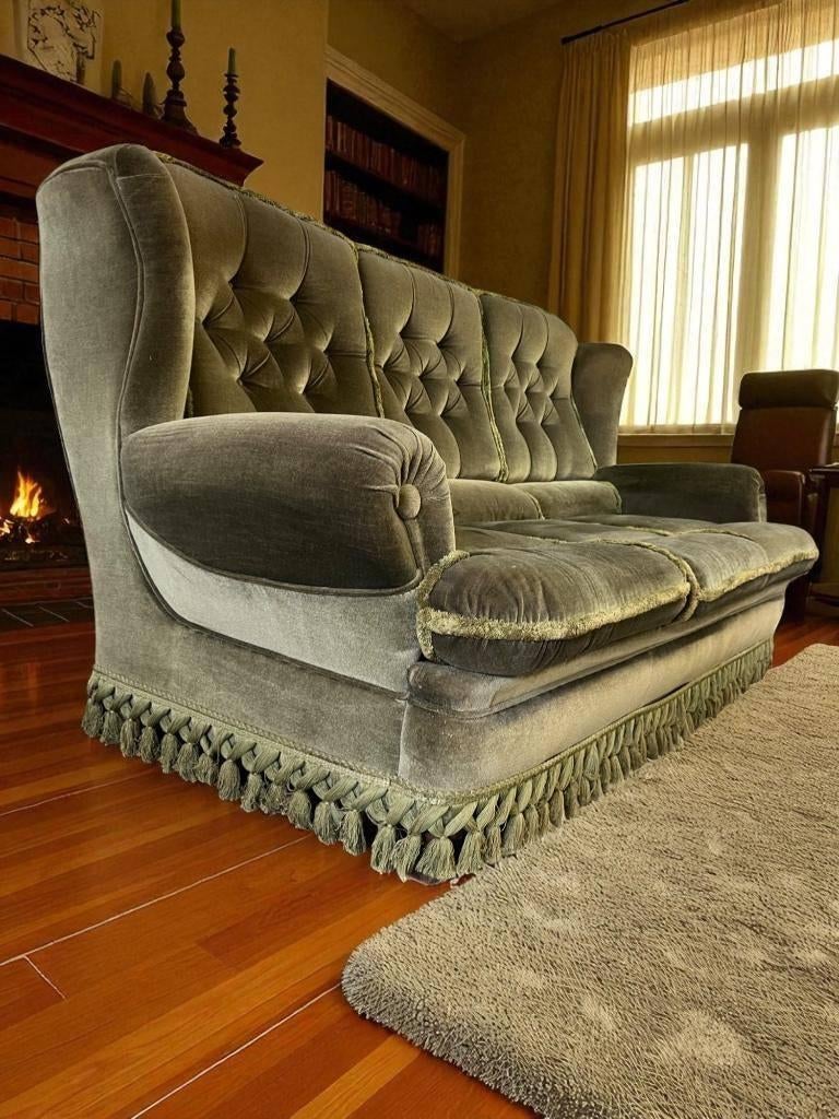 Vintage groene zetel / canapé / bank met franjes, Verzamelen, Retro, Ophalen, Huis en Inrichting