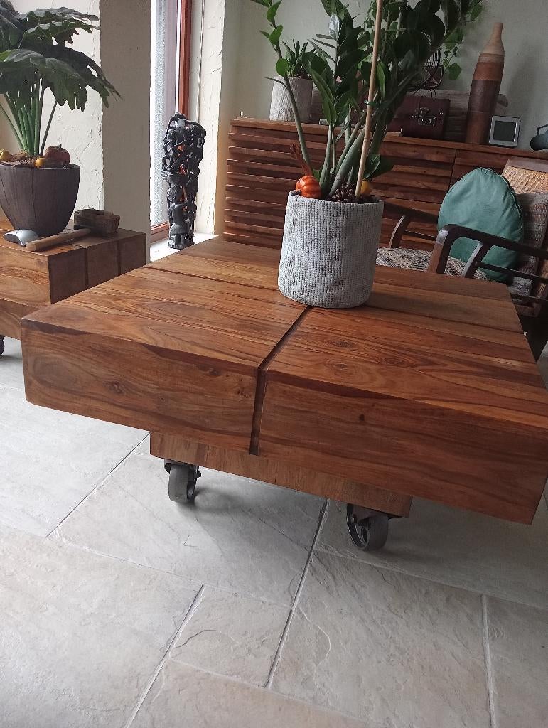 sheesham tafel , incl.retro wielen, UNIEK!, Gebruikt, 50 tot 100 cm, 50 tot 100 cm, Minder dan 50 cm