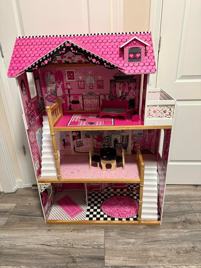 Roze Poppenhuis met Meubels, Ophalen of Verzenden, Zo goed als nieuw, Poppenhuis