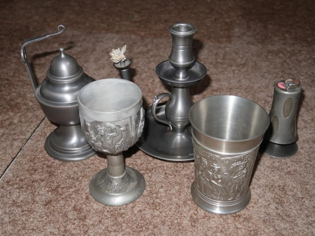 set vintage tinnen items, 5 oude gebruiksvoorwerpen van tin, Ophalen of Verzenden