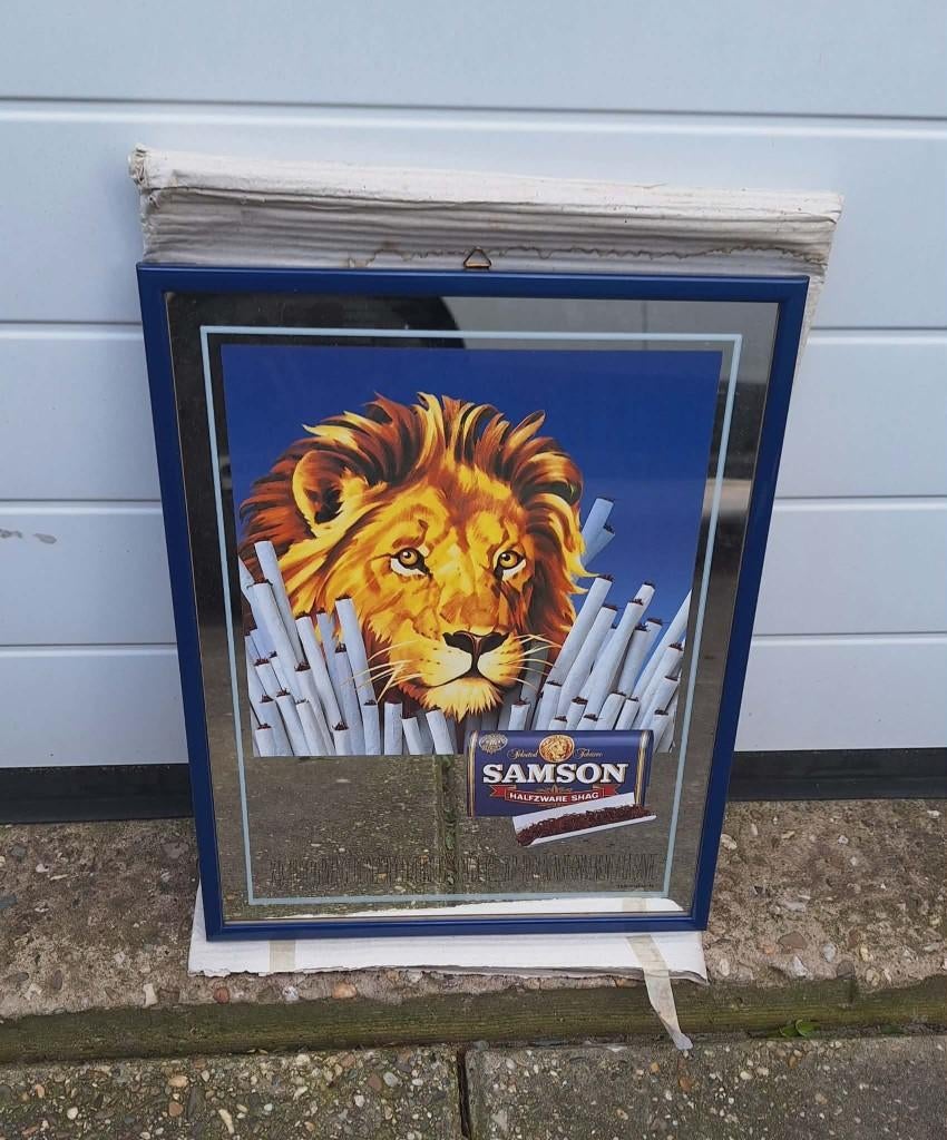 Vintage reclame spiegel van Samson halfzware shag., Ophalen, Reclamebord, ., Nieuw