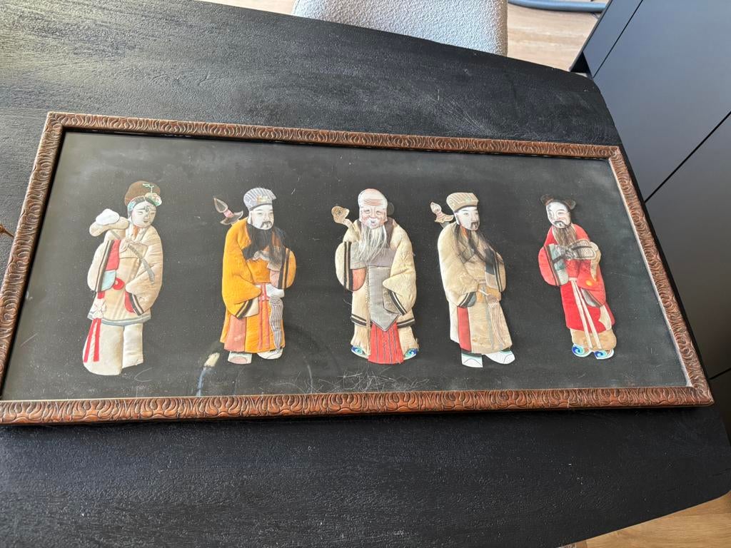 Vintage antieke chinese traditionele kunst art krijgers stof, Ophalen of Verzenden