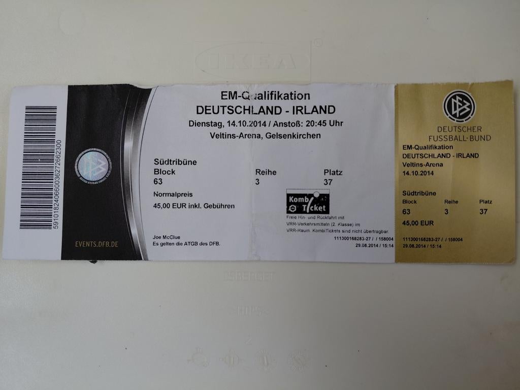 Voetbalkaartje Duitsland-Ierland 2014, Tickets en Kaartjes, Sport | Voetbal, Eén persoon, Oktober