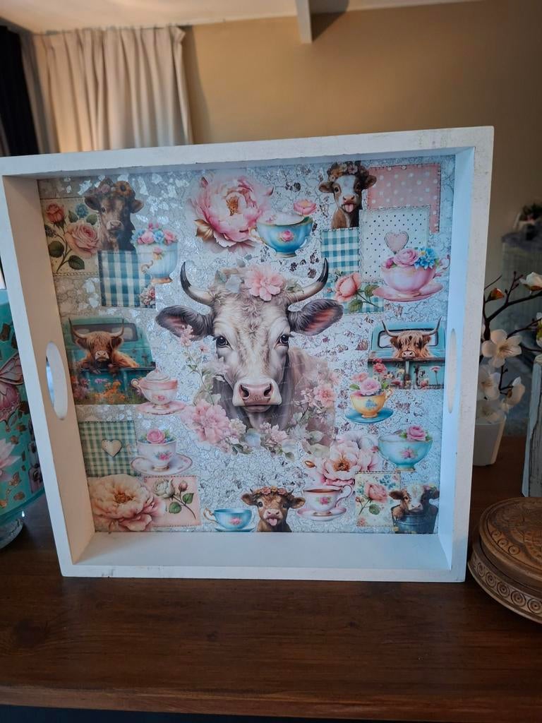 Landelijk dienblad met schattige koeien!, Ophalen of Verzenden, Nieuw, Hout