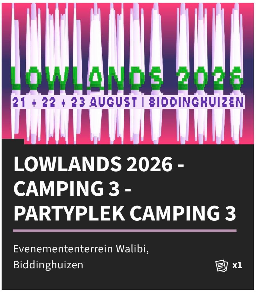 Lowlands 2026 - Partyplek Camping 3, Tickets en Kaartjes, Drie personen of meer, Meerdaags