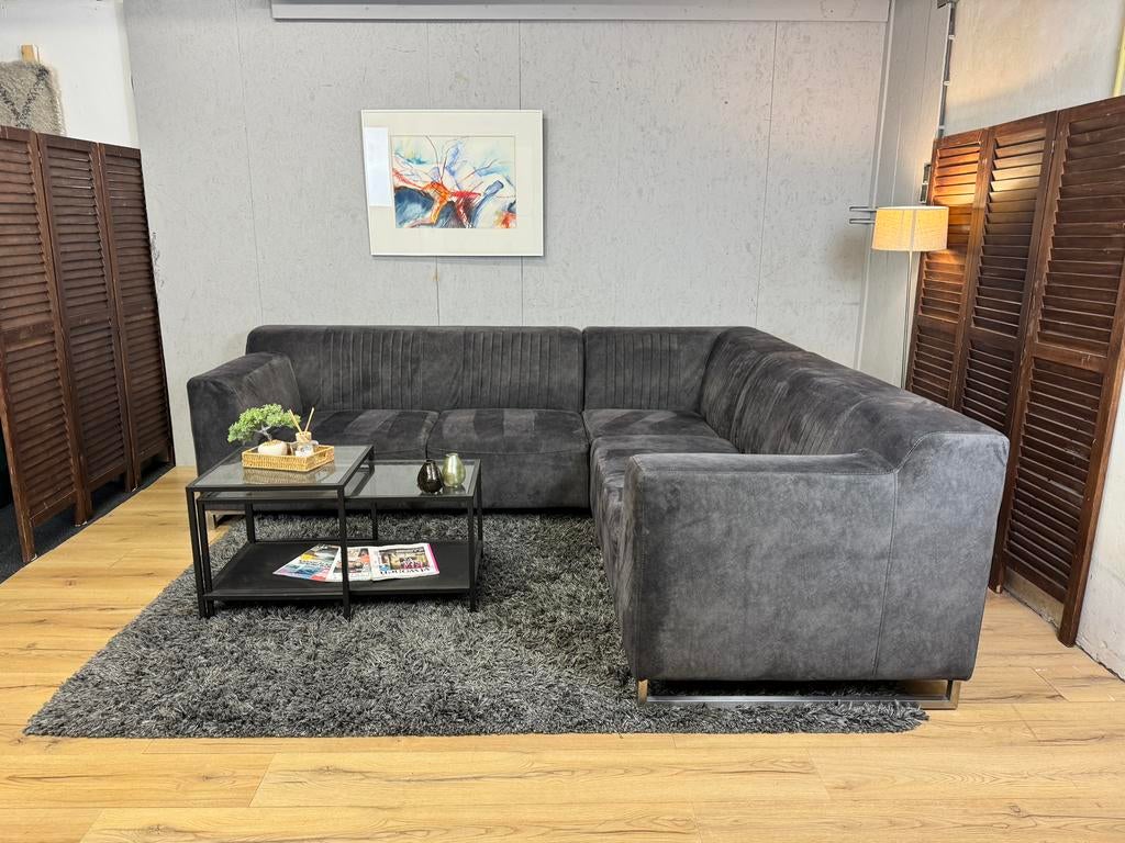 Ruime Antraciete Velvet Hoekbank + Hocker- Gratis Bezorgd, Ophalen of Verzenden, Noordkade 68A, Vierpersoons of meer, Sofapointnl@gmail.com