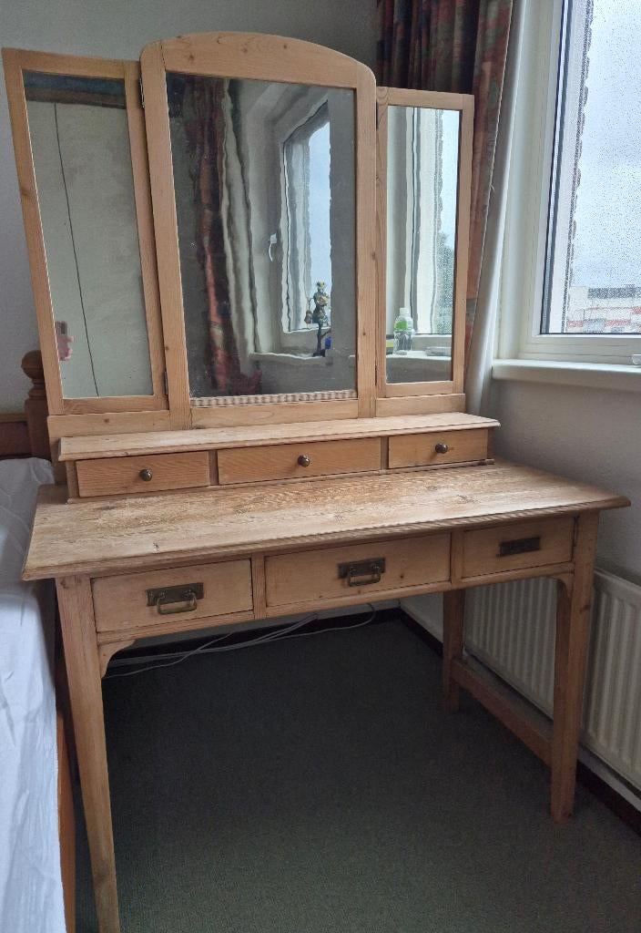 Antieke geloogd grenen kaptafel met spiegels, Ophalen