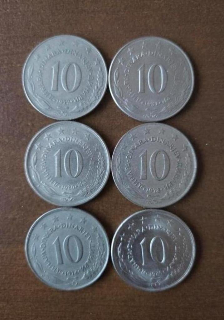 6 Joegoslavische 10 Dinara munten, Ophalen of Verzenden