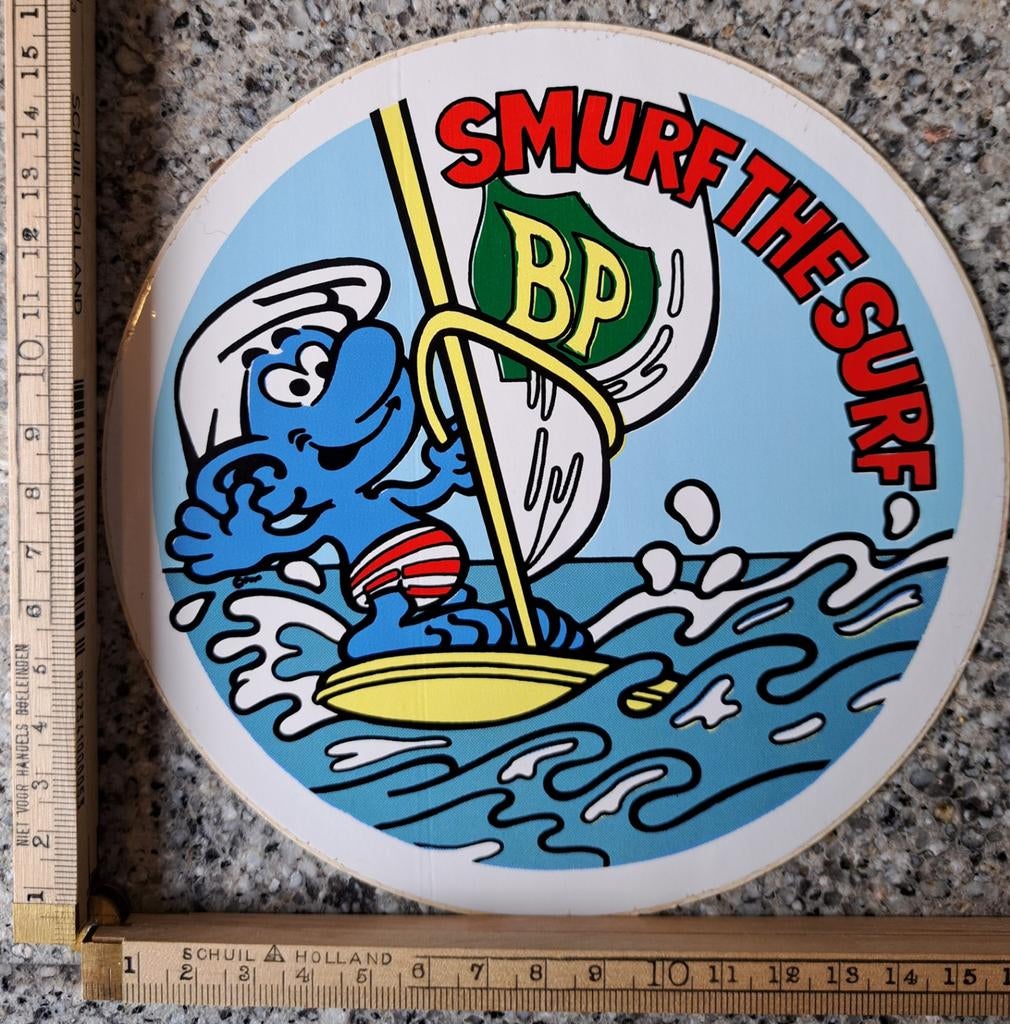 Vintage sticker BP Smurf de Surf smurfen surfplank, Ophalen of Verzenden, Zo goed als nieuw