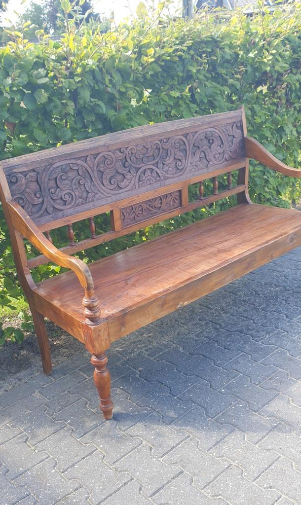 Teakhouten bank, br 150 cm, houtsnijwerk, Ophalen, Teakhout