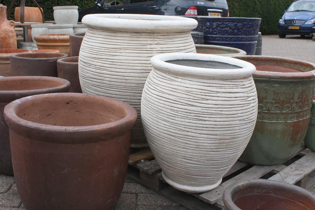 Mooie grote ronde bloempotten buikpot clayfibre wit 2 maten, Ophalen, Overige materialen, 40 cm of meer, Rond