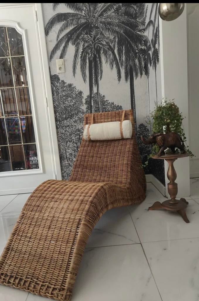 Ikea vintage rotan chaise longue met kussen, Ophalen, Gebruikt, Overige kleuren, Riet of Rotan