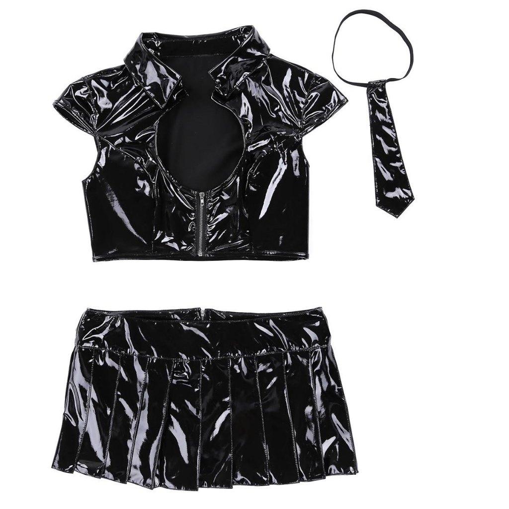 Zwarte wetlook top en rokje / dames vrouwen leren sexy, Kleding | Dames, Verzenden, Nieuw, Zwart, Boven de knie