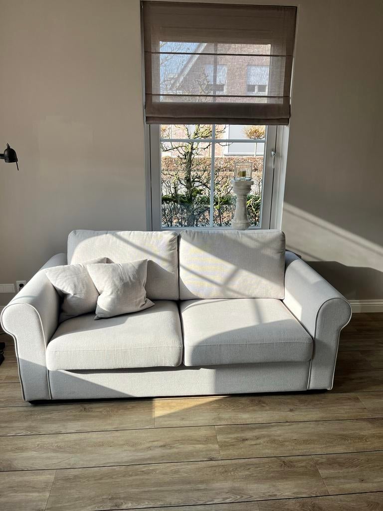 Landelijk grijs/crème 2,5-zits bank met 2 kussens, Ophalen, Gebruikt, Driepersoons, 75 tot 100 cm