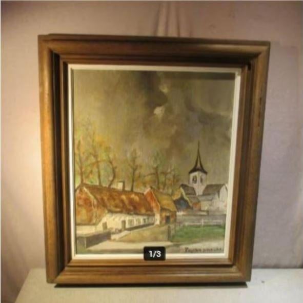 Mooi Geschilderd Werk 'Onweer boven het Dorp' - F van Poucke, Antiek en Kunst, Ophalen of Verzenden