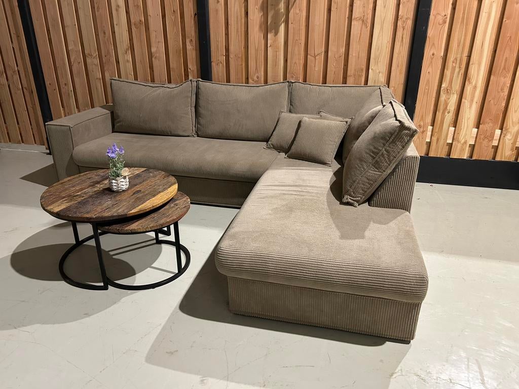 nieuwe ribstof hoekbank - Greige in perfecte staat, 250 tot 300 cm, ., ., Hoekbank