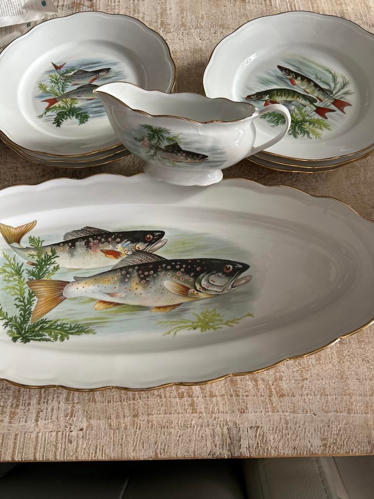 Prachtig Porseleinen Vis Servies - 4x3 Borden, Grote Schaal, Antiek en Kunst, Ophalen