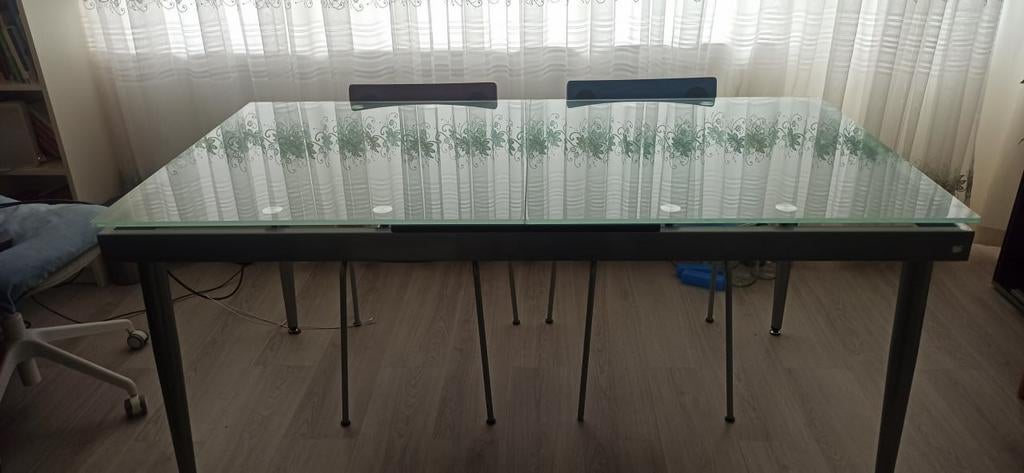 Uitschuifbare glazen eettafel, Huis en Inrichting, Tafels | Eettafels, Gebruikt, 200 cm of meer, Rechthoekig, 50 tot 100 cm