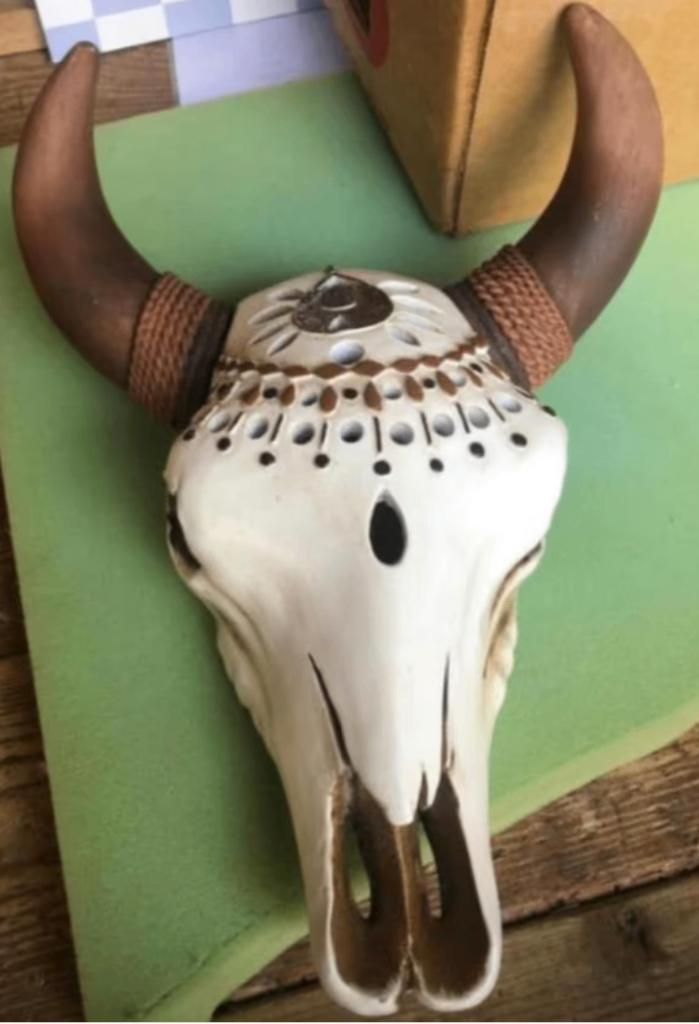 Decoratieve wandlamp: (namaak)schedel van koe (35 cm), Ophalen of Verzenden, Zo goed als nieuw, Overige materialen, Namaak schedel van koe. Gemaakt van gipssoort en beschilderd