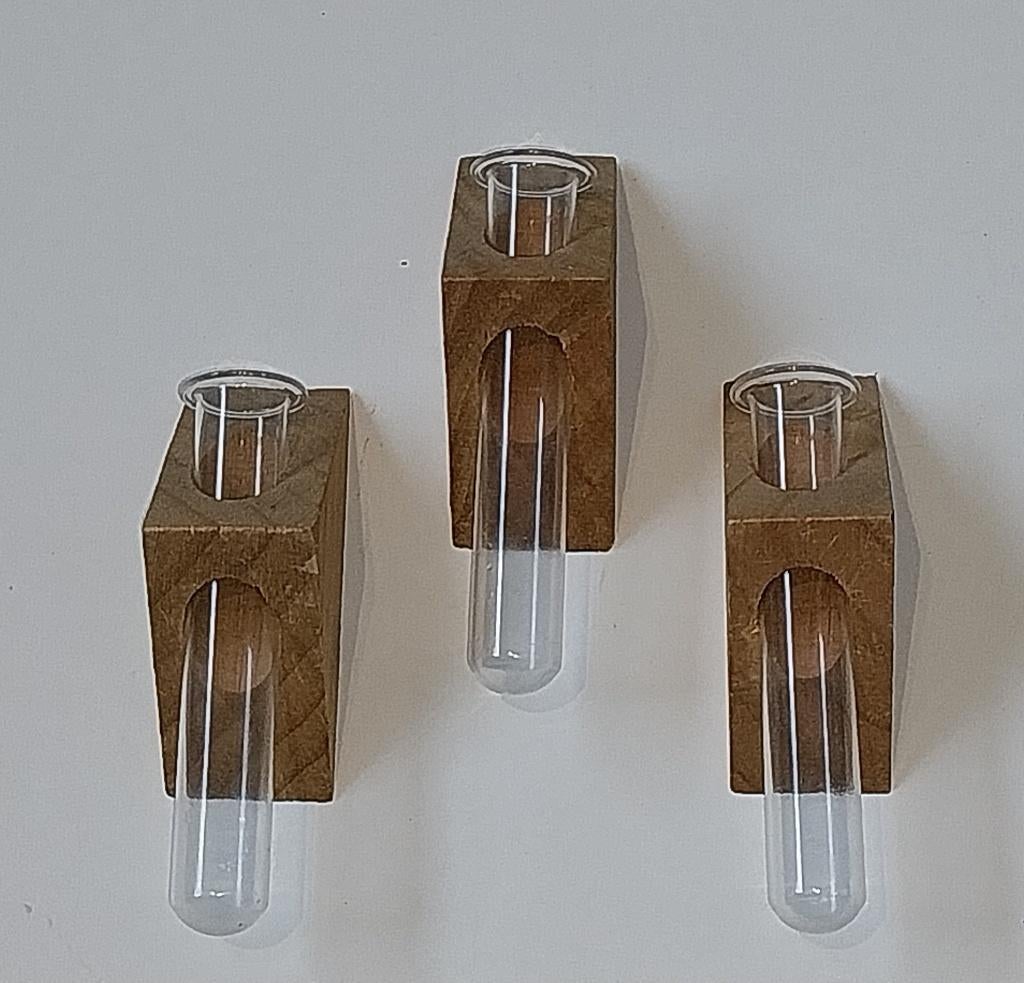 et á 3 st. stek- of kiemvaasjes + houten wandhouders, Overige kleuren, Ophalen of Verzenden, Minder dan 50 cm, Glas