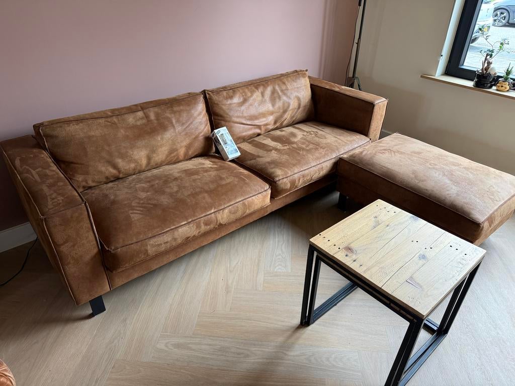 Pronto Tazzo 3,5 zit bank + losse hocker, microleder, bruin, Ophalen, Overige materialen, Gebruikt, 75 tot 100 cm