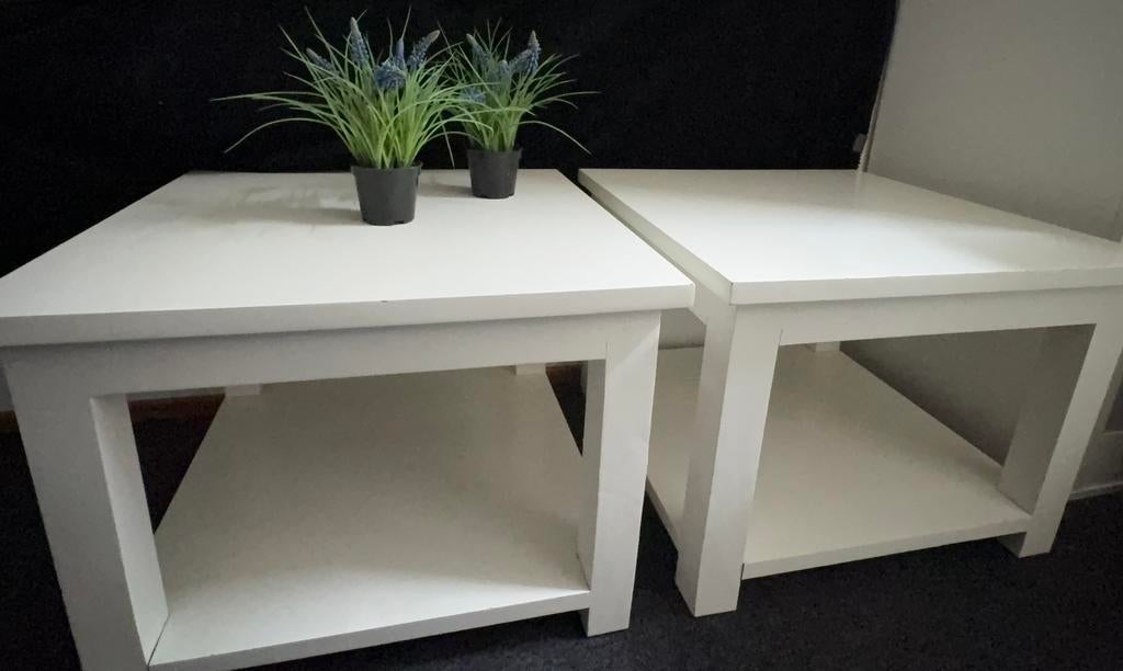 2 houten salontafels 60x60, Huis en Inrichting, Tafels | Salontafels, Ophalen, Gebruikt, 50 tot 100 cm, Vierkant